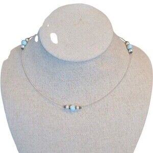 Light Blue Larimar Quartz Fresh Water Pearl Illision Sterling Necklace 16"